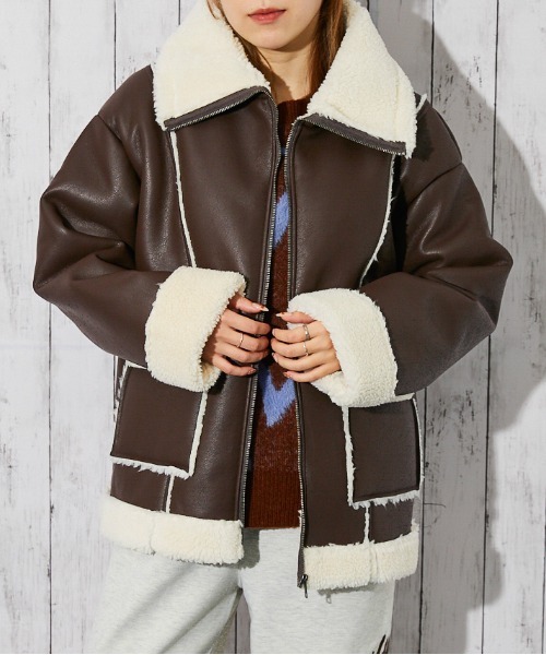 セール】《ボア切替×ビッグカラー》レディース フェイクムートン