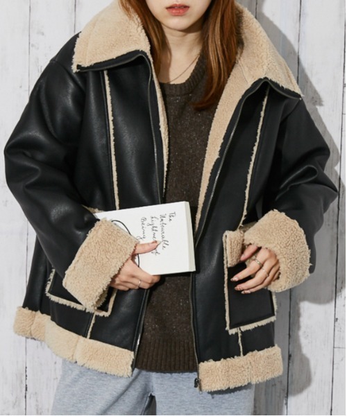 セール】《ボア切替×ビッグカラー》レディース フェイクムートン