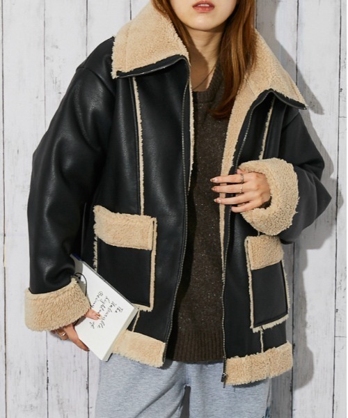 断*き様 週末限定セール⟡POPPY DOUBLE-SLEEVECUT JACK セール】《ボア切替×ビッグカラー》レディース フェイクムートン