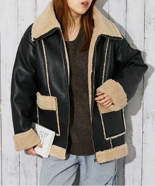 年末セール♡レザームートンジャケット♡ セール】フェイクレザー×フェイクファームートンショートPコート