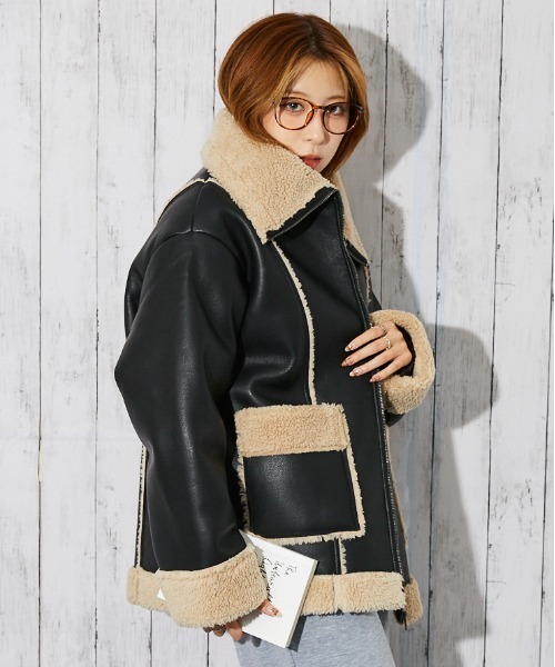 断*き様 週末限定セール⟡POPPY DOUBLE-SLEEVECUT JACK セール】《ボア切替×ビッグカラー》レディース フェイクムートン