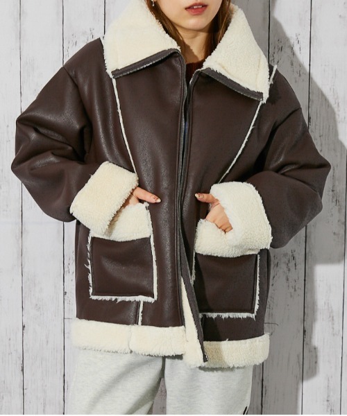 セール】《ボア切替×ビッグカラー》レディース フェイクムートン