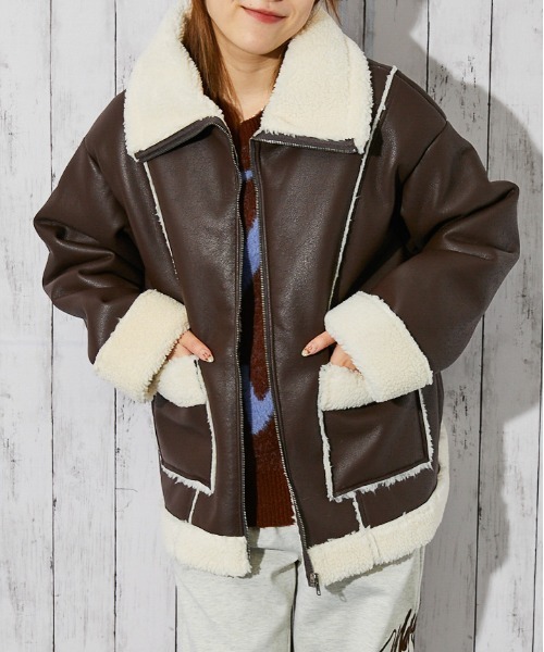 セール】《ボア切替×ビッグカラー》レディース フェイクムートン