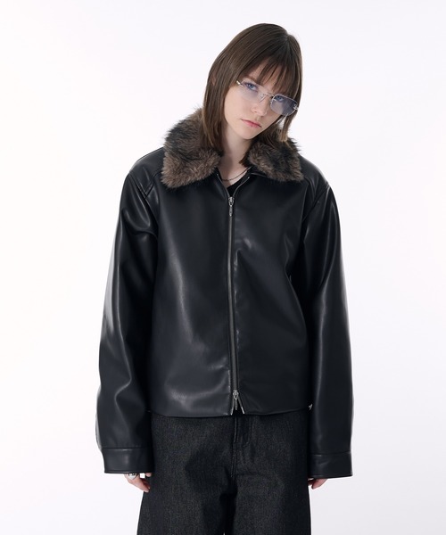 レザージャケット ブラック ダブルジップ セール】2WAY DOUBLE ZIP FAKE LEATHER JACKET/2WAYダブルジップ合皮