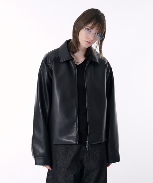 黒いライダースジャケット ダブルジッパー セール】2WAY DOUBLE ZIP FAKE LEATHER JACKET/2WAYダブルジップ合皮