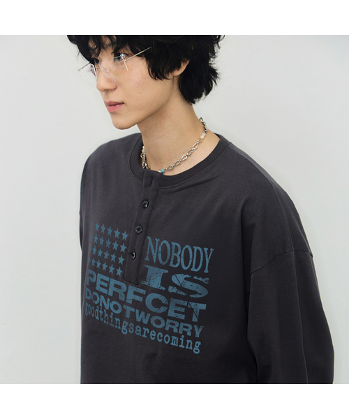 セール】[ユニセックス]NOBODY ヘンリーネック ロングスリーブ Tシャツ