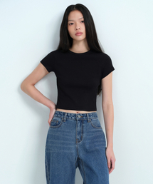 ウィメンズスリムクロップクルーネックTシャツ[ブラック]