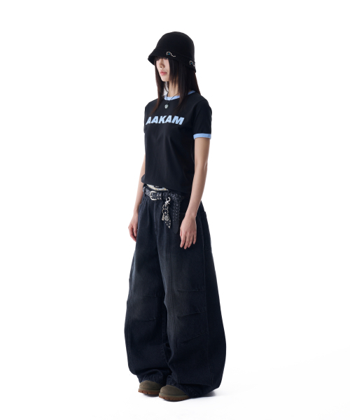 Knee Pin-tuck Washed Denim Pants (Black)（デニムパンツ）｜AAKAM