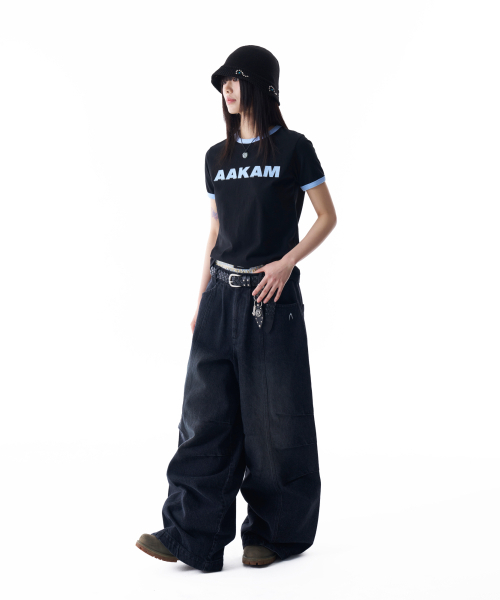 Knee Pin-tuck Washed Denim Pants (Black)（デニムパンツ）｜AAKAM