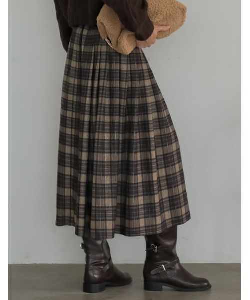 Re:EDIT（リエディ）の「[2025 WINTER COLLECTION][低身長サイズ有]サイドベルトデザインチェック柄プリーツスカート（スカート・レディース・ブラウン/オレンジ・MEDIUM/LARGE/SHORT）」の4枚目の写真