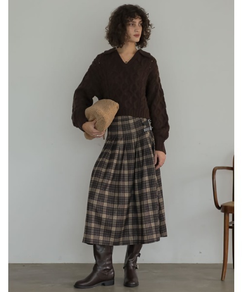 Re:EDIT（リエディ）の「[2025 WINTER COLLECTION][低身長サイズ有]サイドベルトデザインチェック柄プリーツスカート（スカート・レディース・ブラウン/オレンジ・MEDIUM/LARGE/SHORT）」の3枚目の写真