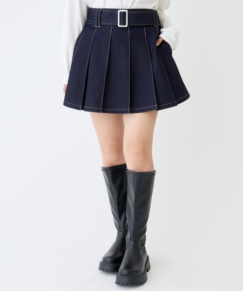 未使用タグ付L'Appartement：Feminityスカート　ブルー　34 LTXC】美脚見えベルトつきデニムプリーツスカート（スカート