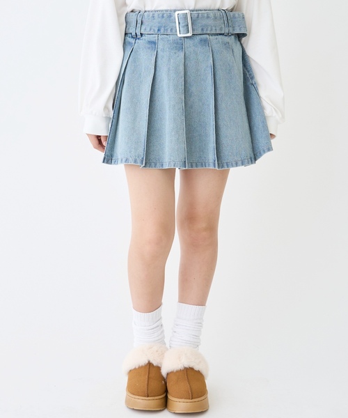 LOVETOXIC（ラブトキシック）の「【LTXC】美脚見えベルトつきデニムプリーツスカート（スカート・キッズ・ブルー/グレー/ネイビー・M:150cm/L:160cm/S:140cm/130cm）」の3枚目の写真