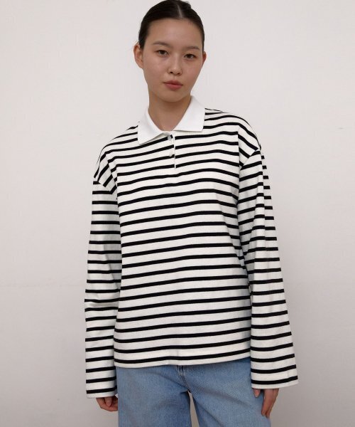 38COMEONCOMMON（38カモンコモン）の「Stripe polo T-Shirts (White)（ポロシャツ・レディース・その他・FREE）」の2枚目の写真