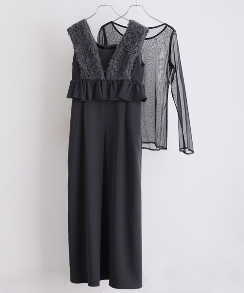セール】ボリュームチュールペプラムドレスシアートップス2点セット