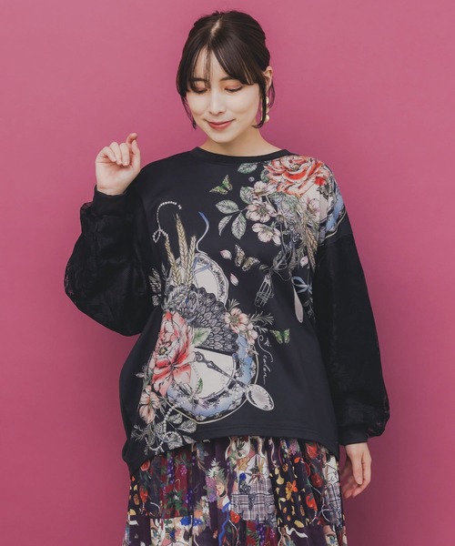 iS ScoLar（イズスカラー）の「553267：花蝶裏毛×レース切替プルオーバー（Tシャツ/カットソー・レディース・グリーン/ブラック/アイボリー・M）」の4枚目の写真