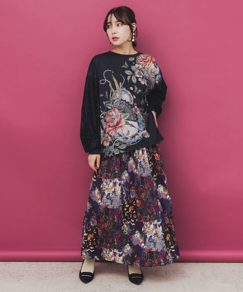 iS ScoLar（イズスカラー）の「553267：花蝶裏毛×レース切替プルオーバー（Tシャツ/カットソー・レディース・グリーン/ブラック/アイボリー・M）」の5枚目の写真