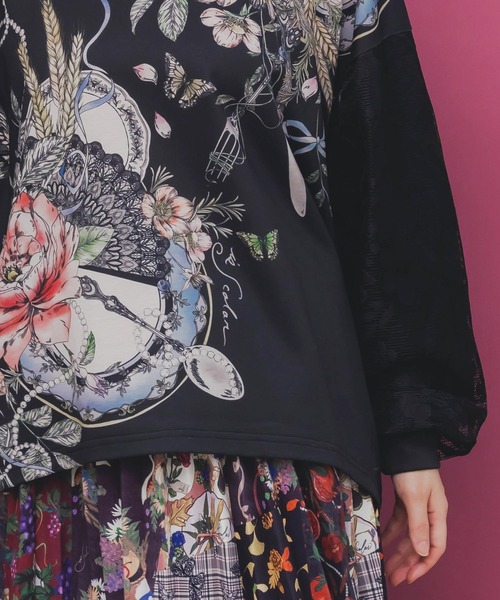 iS ScoLar（イズスカラー）の「553267：花蝶裏毛×レース切替プルオーバー（Tシャツ/カットソー・レディース・グリーン/ブラック/アイボリー・M）」の9枚目の写真