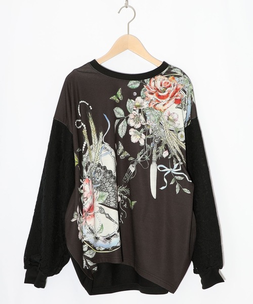 iS ScoLar（イズスカラー）の「553267：花蝶裏毛×レース切替プルオーバー（Tシャツ/カットソー・レディース・グリーン/ブラック/アイボリー・M）」の12枚目の写真