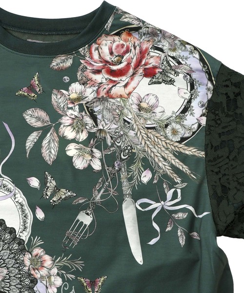 iS ScoLar（イズスカラー）の「553267：花蝶裏毛×レース切替プルオーバー（Tシャツ/カットソー・レディース・グリーン/ブラック/アイボリー・M）」の18枚目の写真