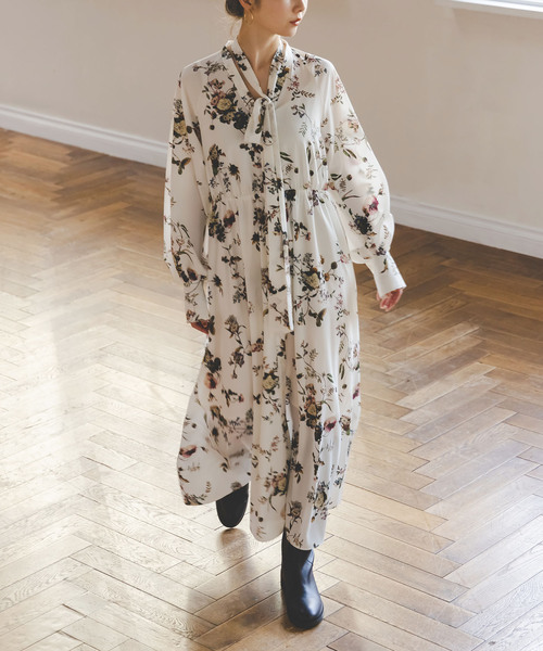 フラワープリントラグランボウタイワンピース（ワンピース）｜NOBLE