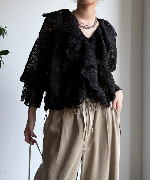 DouDou（ドゥドゥ）の「レースボレロシャツ（シャツ/ブラウス・レディース・ブラック/オフホワイト・FREE）」の8枚目の写真