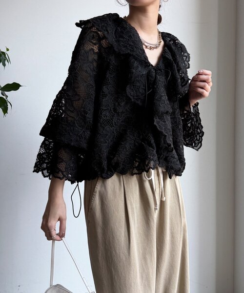 DouDou（ドゥドゥ）の「レースボレロシャツ（シャツ/ブラウス・レディース・ブラック/オフホワイト・FREE）」の9枚目の写真