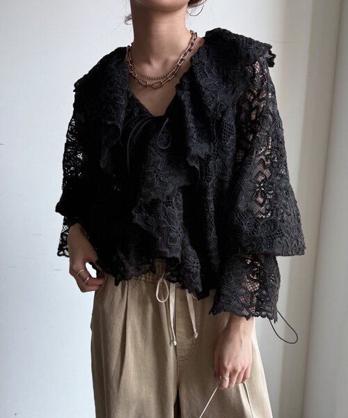 DouDou（ドゥドゥ）の「レースボレロシャツ（シャツ/ブラウス・レディース・ブラック/オフホワイト・FREE）」の10枚目の写真