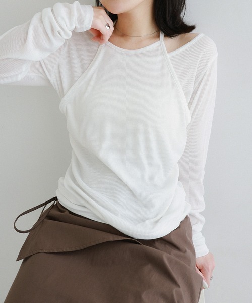 Freesia by andme(フリージアバイアンドミー)の「ホルターネックシアーリブトップス(Tシャツ/カットソー・レディース・杢グレー/ブラック/ライトピンク/オフホワイト・FREE)」の2枚目の写真