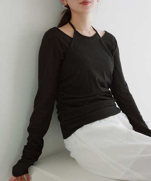 Freesia by andme(フリージアバイアンドミー)の「ホルターネックシアーリブトップス(Tシャツ/カットソー・レディース・杢グレー/ブラック/ライトピンク/オフホワイト・FREE)」の3枚目の写真