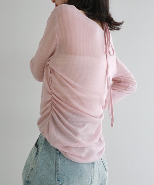Freesia by andme(フリージアバイアンドミー)の「ホルターネックシアーリブトップス(Tシャツ/カットソー・レディース・杢グレー/ブラック/ライトピンク/オフホワイト・FREE)」の5枚目の写真