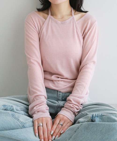 Freesia by andme(フリージアバイアンドミー)の「ホルターネックシアーリブトップス(Tシャツ/カットソー・レディース・杢グレー/ブラック/ライトピンク/オフホワイト・FREE)」の7枚目の写真