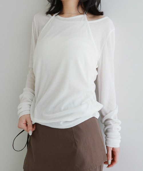 Freesia by andme(フリージアバイアンドミー)の「ホルターネックシアーリブトップス(Tシャツ/カットソー・レディース・杢グレー/ブラック/ライトピンク/オフホワイト・FREE)」の9枚目の写真