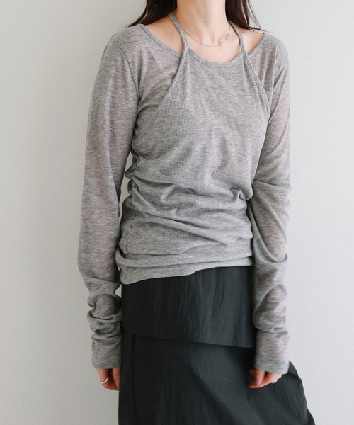 Freesia by andme(フリージアバイアンドミー)の「ホルターネックシアーリブトップス(Tシャツ/カットソー・レディース・杢グレー/ブラック/ライトピンク/オフホワイト・FREE)」の12枚目の写真