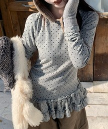 おしゃれスタ（オシャレスタ）の「ドット柄 フェミニンフリルトップス（Tシャツ/カットソー）」