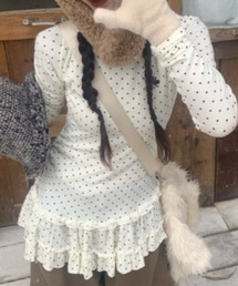 おしゃれスタ（オシャレスタ）の「ドット柄 フェミニンフリルトップス（Tシャツ/カットソー）」