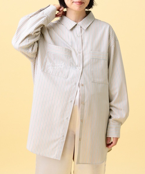 LEPSIM(レプシィム)の「【産前・産後対応】マタニティ/ストライプ刺繍シャツ 640895(マタニティウェア/グッズ・レディース・ライトベージュ/ライトブルー・FREE)」の1枚目の写真