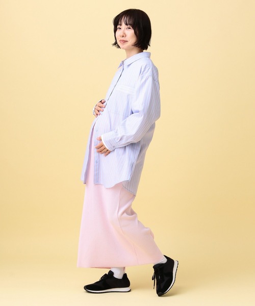 LEPSIM(レプシィム)の「【産前・産後対応】マタニティ/ストライプ刺繍シャツ 640895(マタニティウェア/グッズ・レディース・ライトベージュ/ライトブルー・FREE)」の3枚目の写真