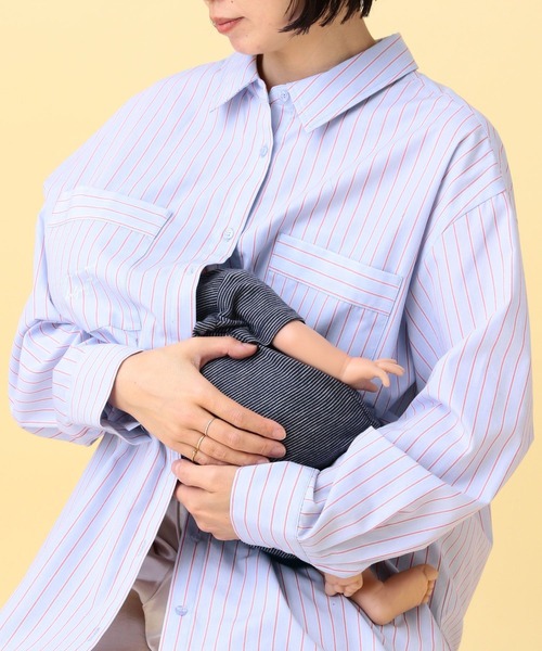 LEPSIM(レプシィム)の「【産前・産後対応】マタニティ/ストライプ刺繍シャツ 640895(マタニティウェア/グッズ・レディース・ライトベージュ/ライトブルー・FREE)」の12枚目の写真