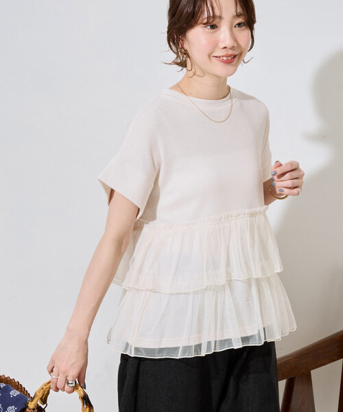 FREAK'S STORE(フリークスストア)の「限定展開 ライト ワッフル チュール ドッキング 半袖Tシャツ(Tシャツ/カットソー・レディース・スミクロ/ネイビー/ナチュラル/ライトグレー/ブラウン・フリ-)」の12枚目の写真