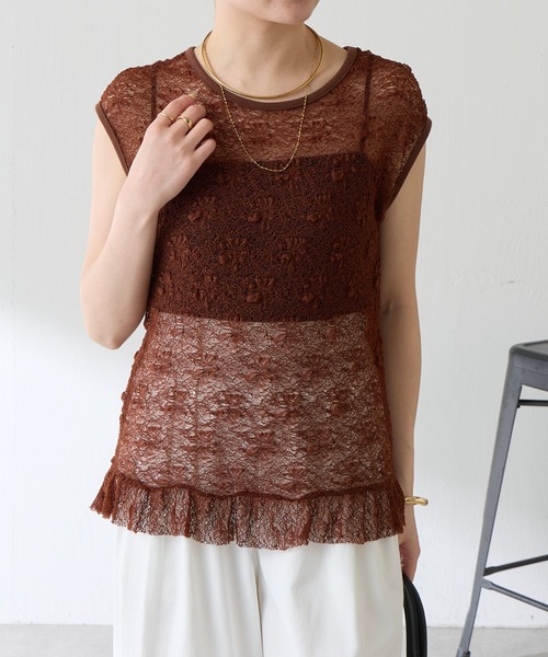 COLLAGE GALLARDAGALANTE（コラージュガリャルダガランテ）の「レースフレンチプルオーバー（Tシャツ/カットソー・レディース・ブラウン/ホワイト・FREE）」の7枚目の写真