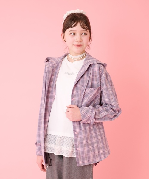 mezzo piano Junior(メゾピアノジュニア)の「フード チェックシャツ(シャツ/ブラウス・キッズ・ブラック/グレー・S:140cm/L:160cm/M:150cm)」の1枚目の写真