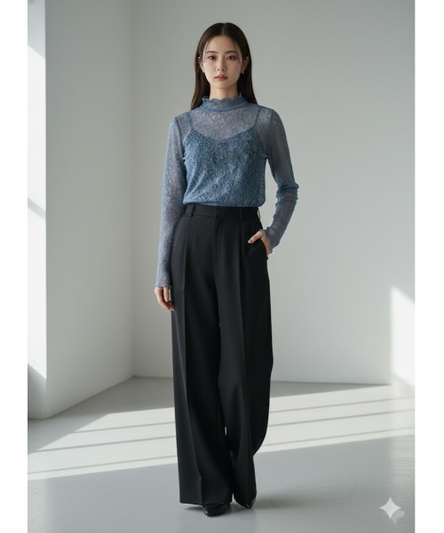 Day and Grade(デイアンドグレイド)の「ストレッチレース シアーハイネックトップス / メロウフリル 総レース(Tシャツ/カットソー・レディース・アイボリー/グレイッシュベージュ/ブラック/サックスブルー・FREE)」の4枚目の写真