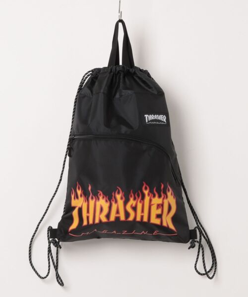THRASHER(スラッシャー)の「KNAP SACK//THRASHER スラッシャー カーブポケット ナップサック ジムサック 巾着 ブランドロゴ ストリートバッグ(バックパック/リュック・メンズ・ブラック×ホワイト/ブラック×イエロー・FREE)」の2枚目の写真