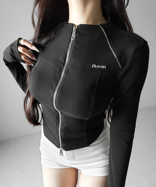 me+em select(ミームセレクト)の「【 2color 】ダブルジップバイカースリムトップス / double zip biker slim tops(その他トップス・レディース・ホワイト/ブラック・FREE)」の1枚目の写真