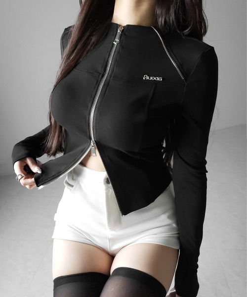 me+em select(ミームセレクト)の「【 2color 】ダブルジップバイカースリムトップス / double zip biker slim tops(その他トップス・レディース・ホワイト/ブラック・FREE)」の7枚目の写真