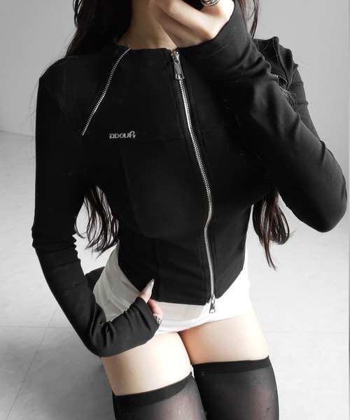 me+em select(ミームセレクト)の「【 2color 】ダブルジップバイカースリムトップス / double zip biker slim tops(その他トップス・レディース・ホワイト/ブラック・FREE)」の12枚目の写真
