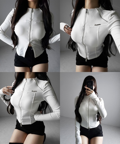 me+em select(ミームセレクト)の「【 2color 】ダブルジップバイカースリムトップス / double zip biker slim tops(その他トップス・レディース・ホワイト/ブラック・FREE)」の3枚目の写真