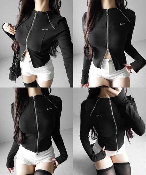 me+em select(ミームセレクト)の「【 2color 】ダブルジップバイカースリムトップス / double zip biker slim tops(その他トップス・レディース・ホワイト/ブラック・FREE)」の4枚目の写真