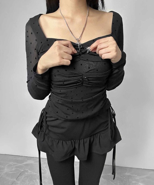 FOLLOWIN（フォロウィン）の「ドットレースシャーリングリボントップス（Tシャツ/カットソー・レディース・ブラック/ホワイト・FREE）」の17枚目の写真
